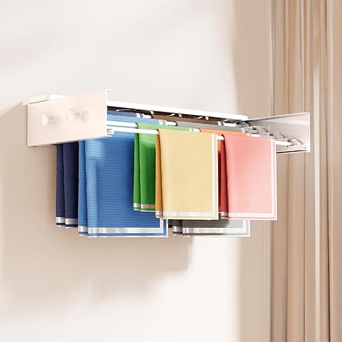 Miniatura 7 de BAKON Tendedero de pared con 4 ganchos y estante, tendedero de ropa plegable para cuarto de lavandería, tendedero de lavandería plegable de montaje