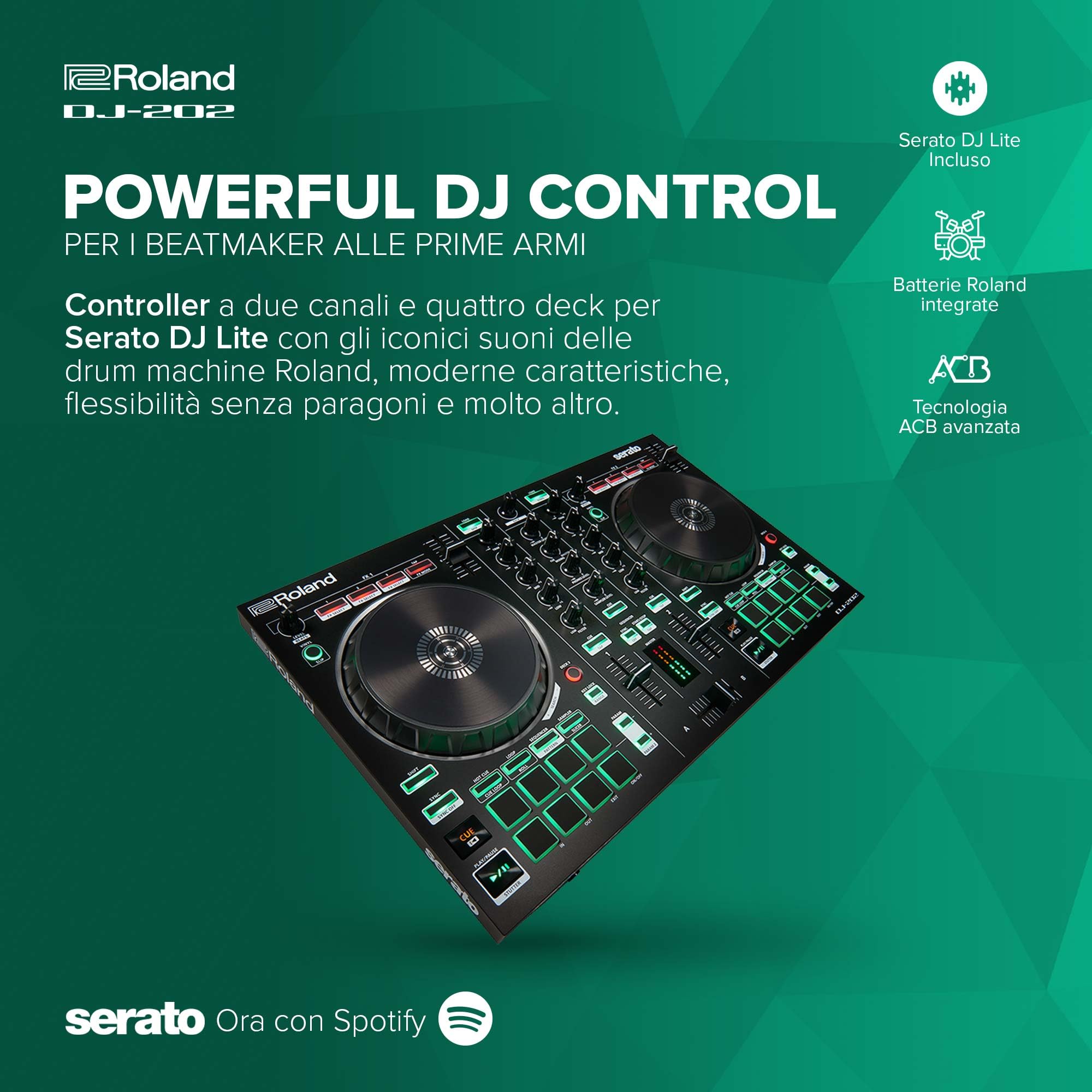 Roland DJ-202 DJ controller 2 canali 4 deck Serato DJ Lite grandi piatti bassa latenza