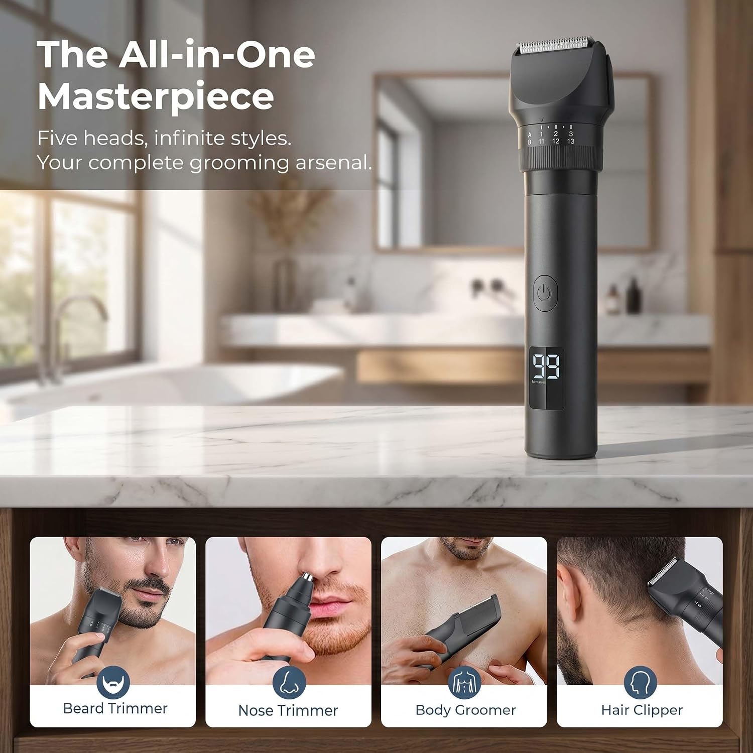 All-in-One Beard Trimmer for Men, IPX6 Waterproof Electric Razor for Men Body Groomer, No-Nick Groin & Ball Shaver with LED Display, Professional Beard Trimmer & Hair Clipping Kit for Manscaping