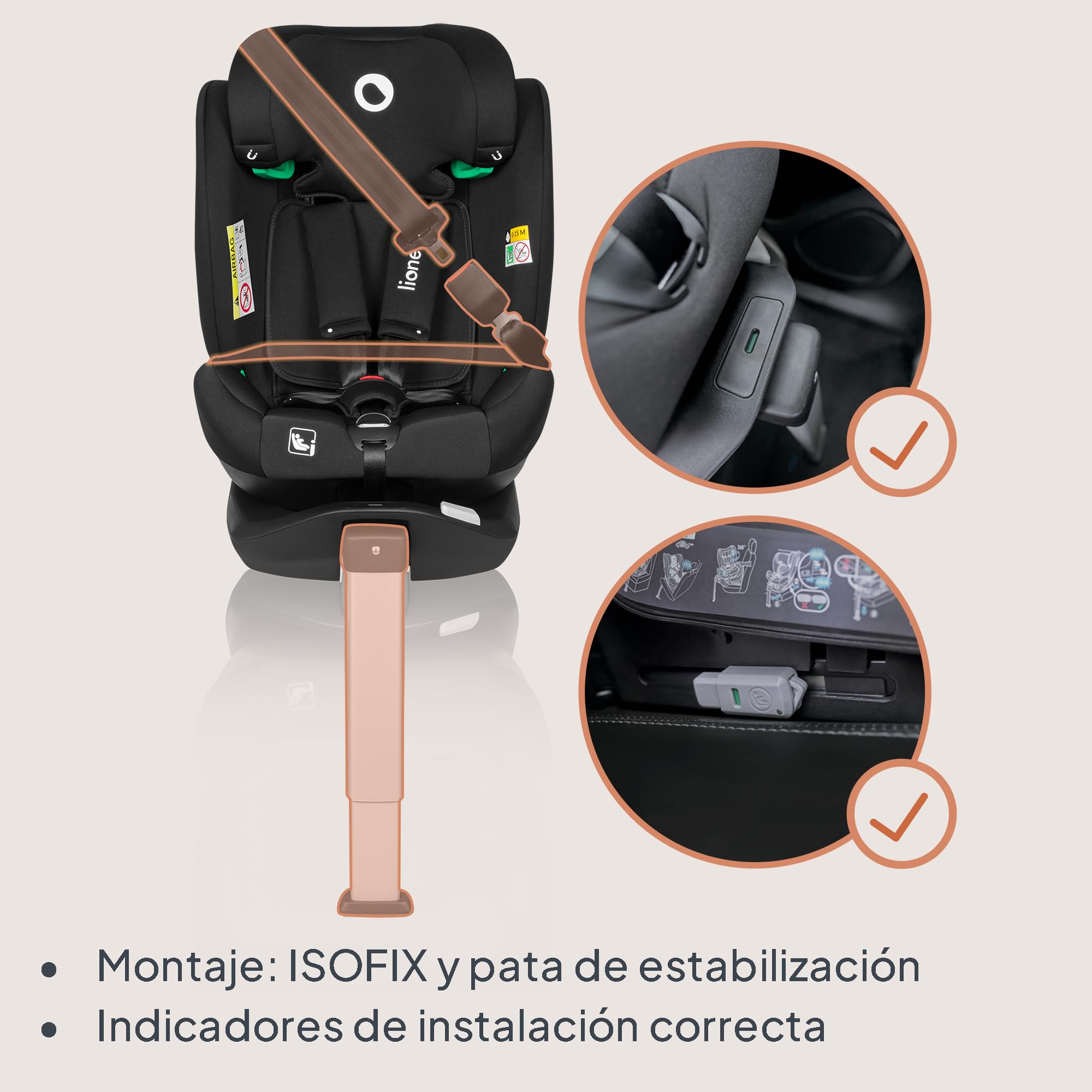 LIONELO BRAAM i-Size Silla de Coche para Bebé Giratoria 0-36kg, Instalación Delantera y Trasera, sistema de anclaje ISOFIX+, pie estabilizador, Reposacabezas y Respaldo Ajustable