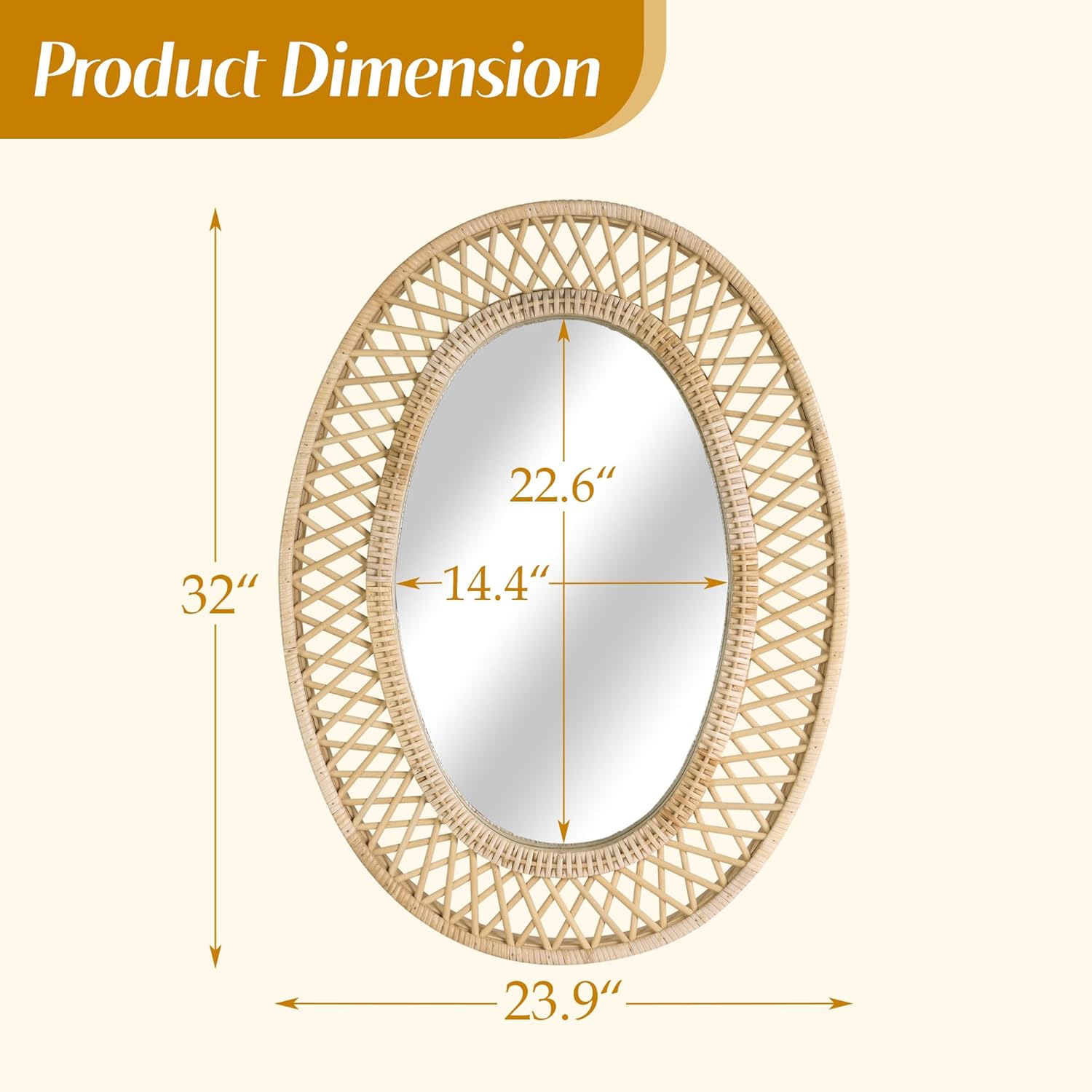 Oval Rattan Wall Mirror – 24x32 Inch Boho Elegance with Woven Frame, Decorative Mirror for Bathroom Vanity Entryway Living Room