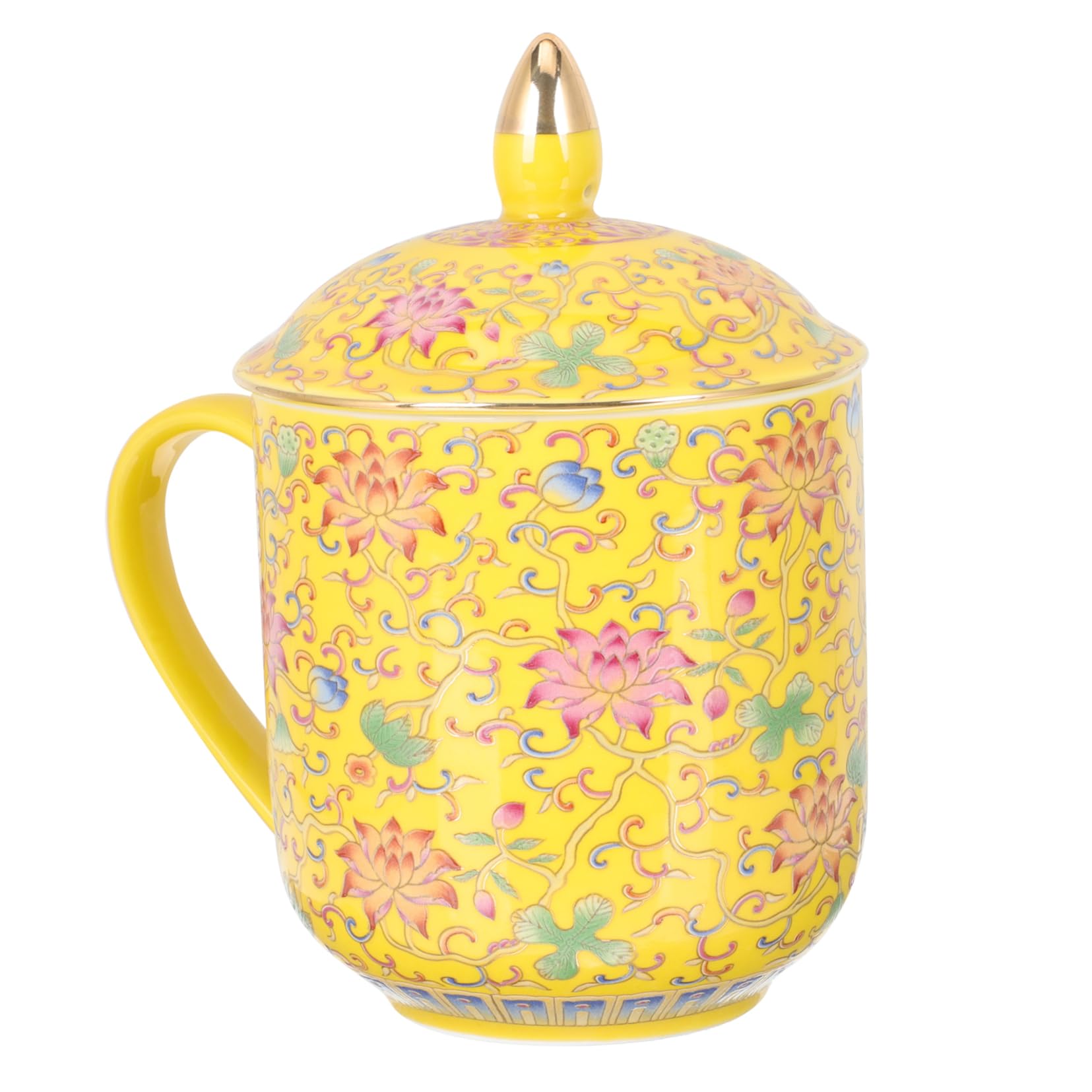 SHOWERORO Keramik Teetasse mit Deckel und Tee Ei Japanischer Teebecher für Teezeremonie Retro Stil Gelb Vielseitig Einsetzbar für Büro und Zuhause