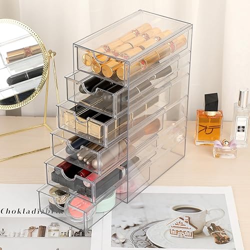 Vista 5 de Hipiwe Organizador de Cajones de Plástico Transparente Cajones de Escritorio con 6 Cajones Extraíbles Caja de Almacenamiento Compacta para Gabinete