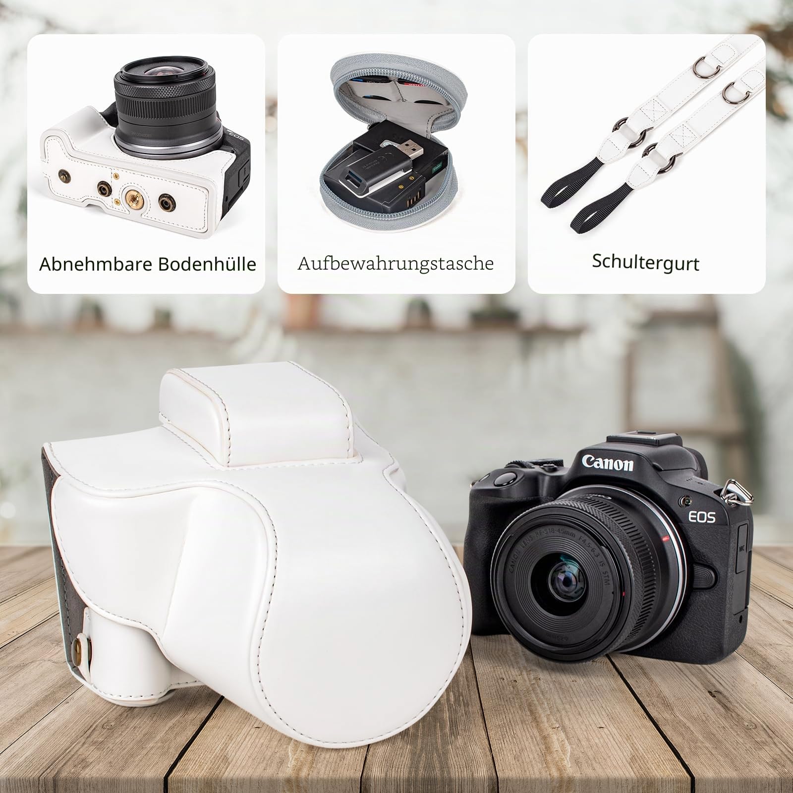 MUZIRI KINOKOO EOS R50 R100 Kameratasche, Retro-Schutzhülle aus PU-Leder für die Canon EOS R50 R100 DSLR-Kamera mit 18-45-mm-Objektiv – mit Bodenöffnung, Schultergurt und Aufbewahrungstasche - Weiß