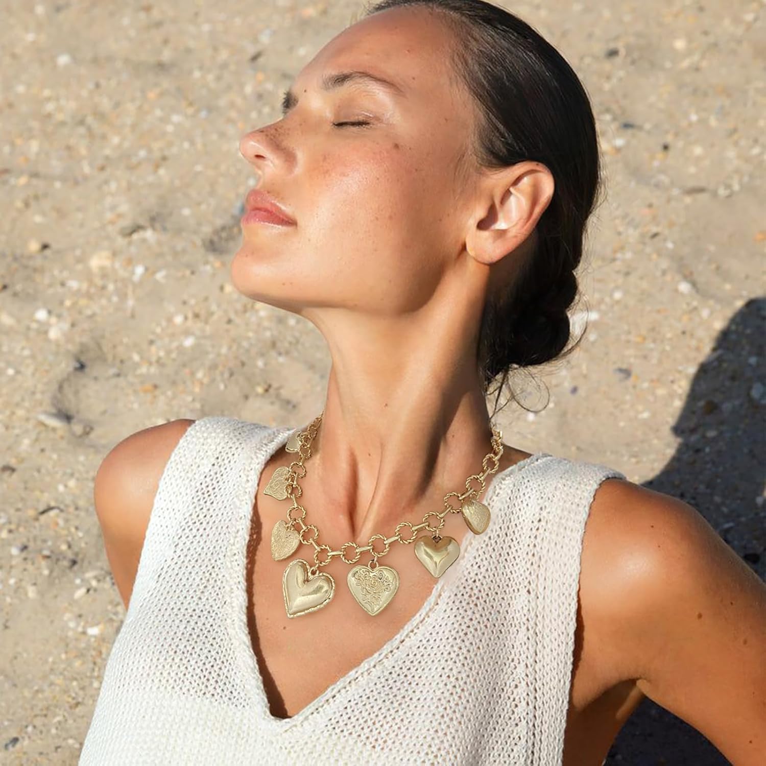 Vintage Heart Necklace Silver Charm Necklace for Women Chunky Gold Cross Pendant Heart Collar Choker Necklaces Matte Gold Statement Necklaces for Women Trendy - Image 3