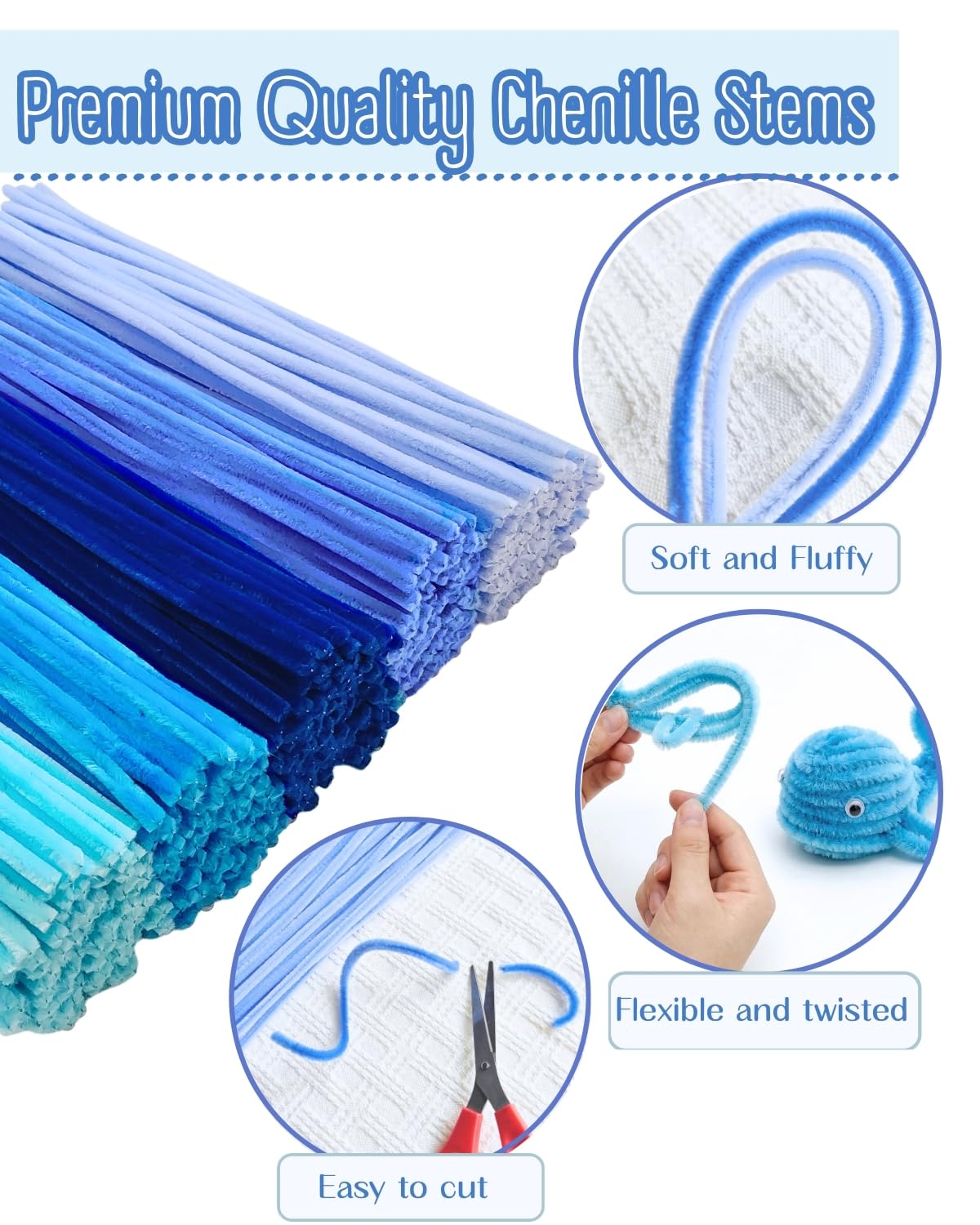 300 Piezas Limpiapipas Chenilla Azul con Ojos Móviles (5 Tonos Diferentes) | Blue Pipe Cleaner(30CM x 6mm) Para Manualidades: Hacer Flores, Animales,Decor Hogar y Actividades Creativas