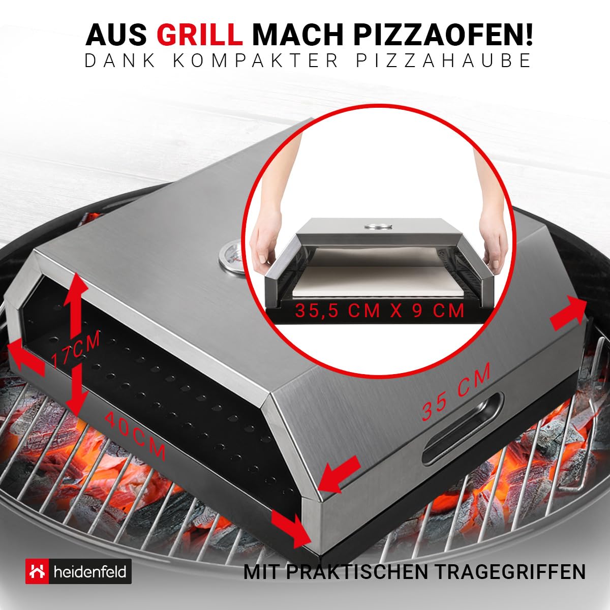 Heidenfeld Pizzaaufsatz Roma | Grillaufsatz - Pizzamaker - Edelstahl - 315°C - Thermometer inklusive - Pizzabox - integrierter Pizzastein - für Holzkohlegrill und Gasgrill - Pizza Maker