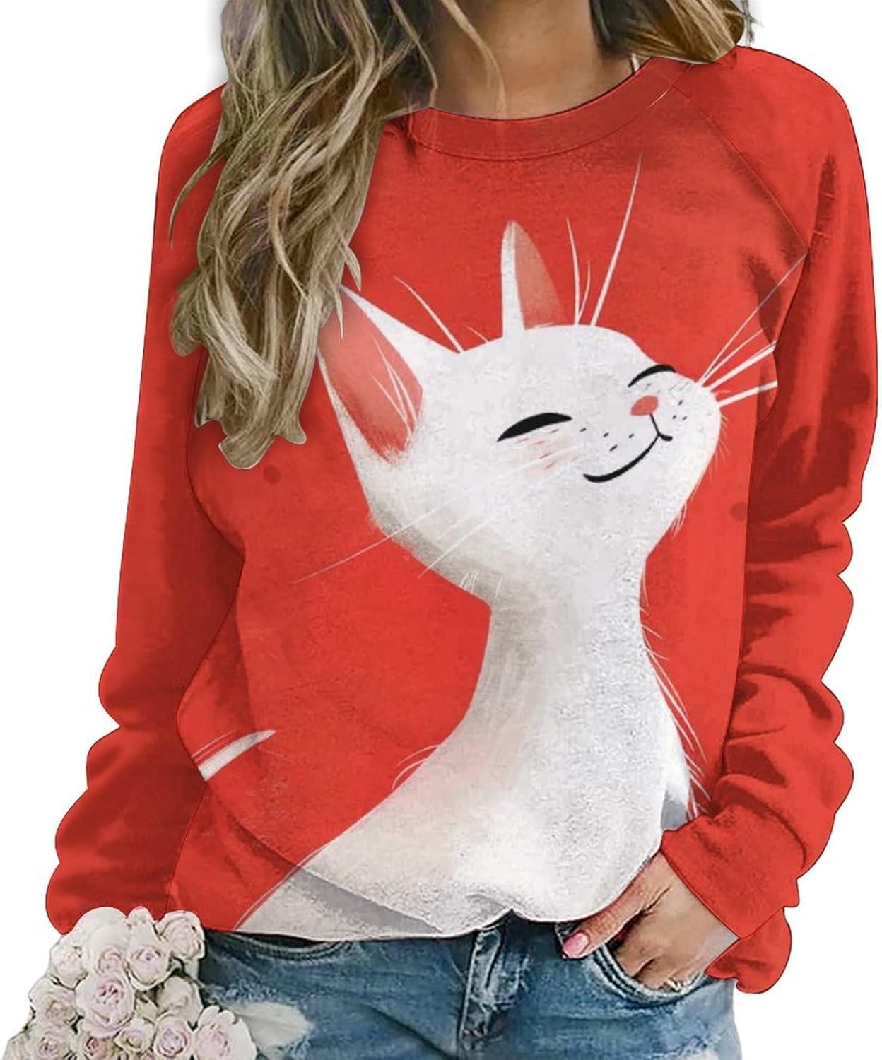 Long Sleeve Shirts for Women Cat Printed Fall Winter Dressy Holiday Casual Fashion Crewneck Tunic Tee Shirts