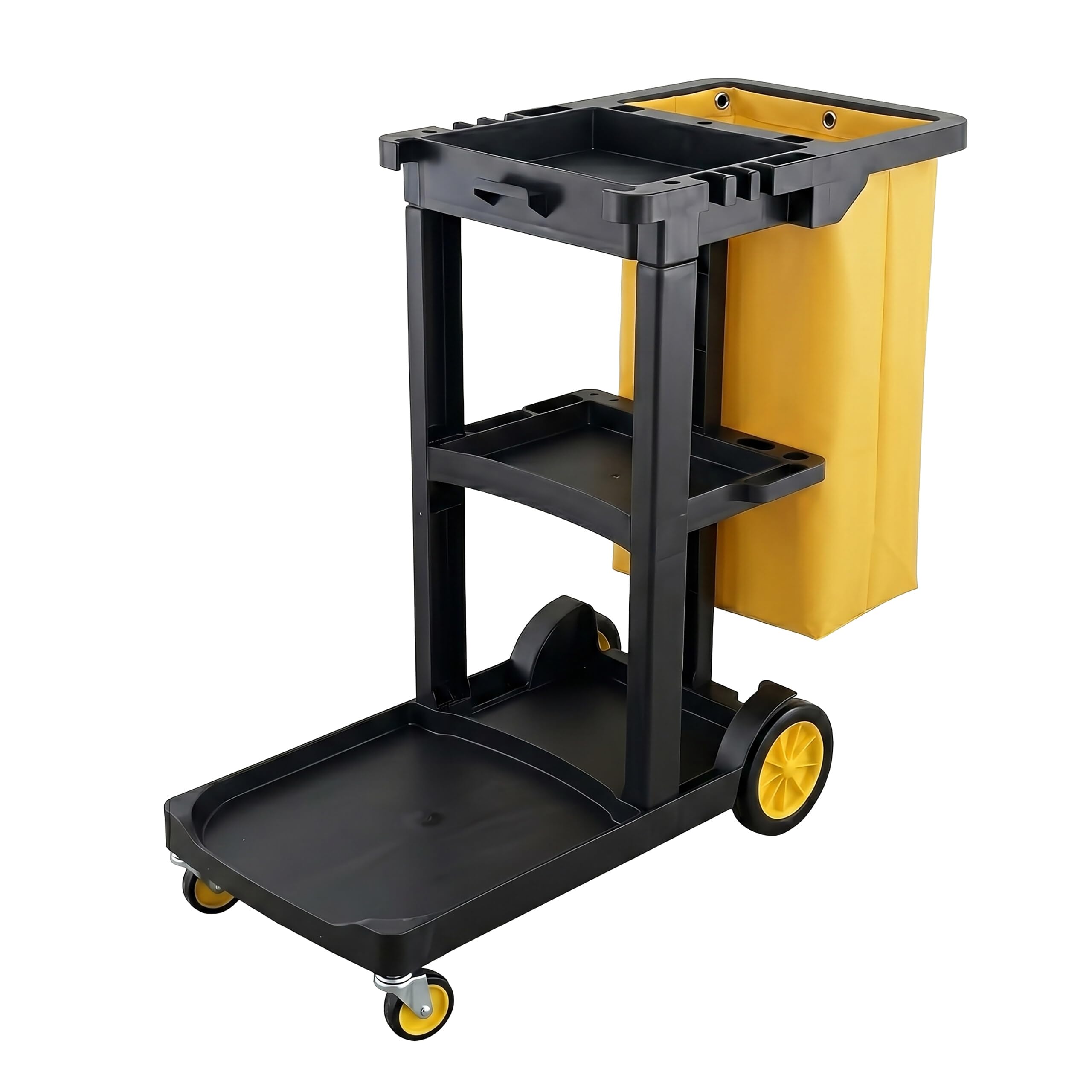 Relaxdays Carro de Limpieza con 3 Estantes, Negro-Amarillo | Soporta hasta 50 kg, incluye bolsa y soporte para escoba. Medidas: 96x112x51 cm
