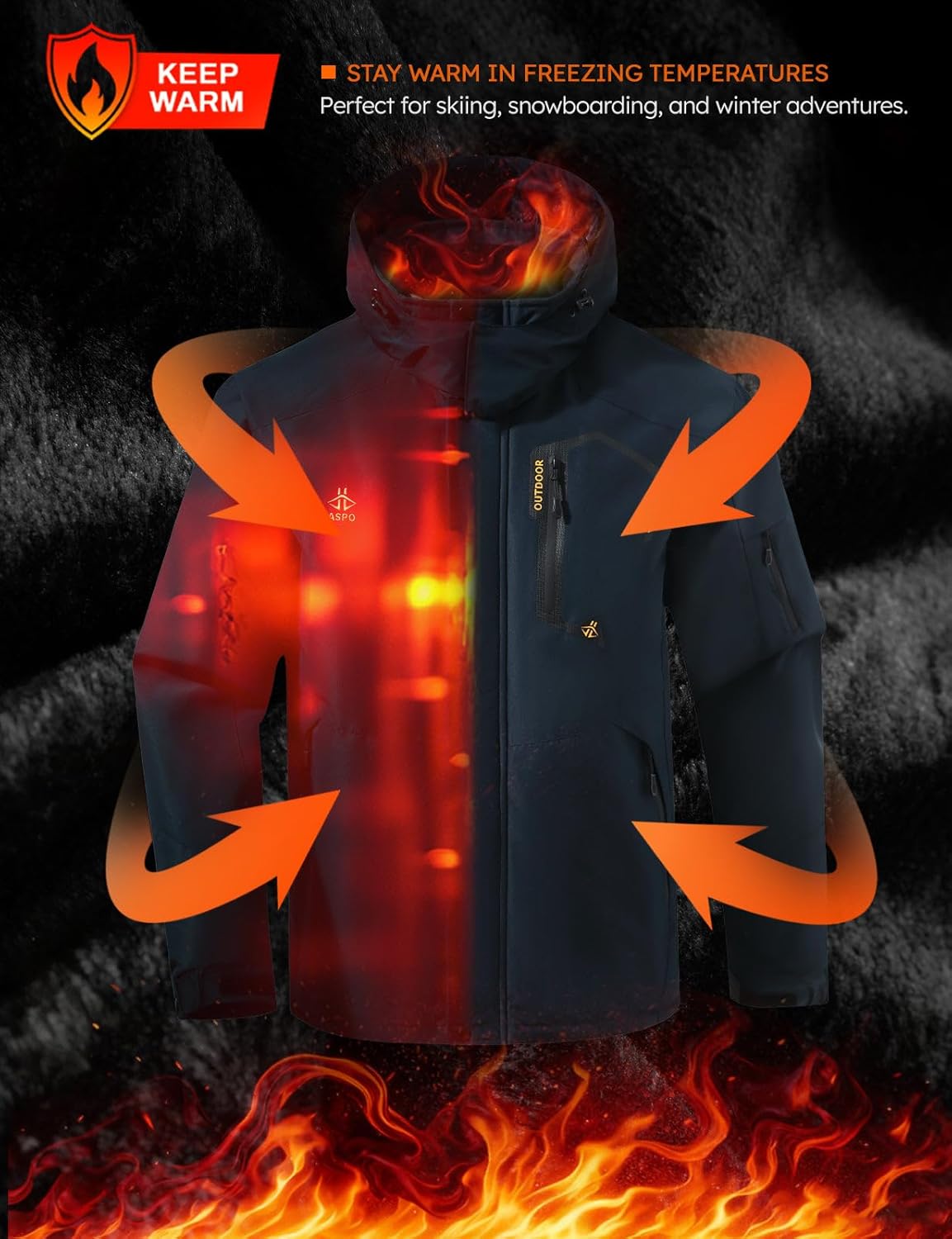 ASPO Men's Waterproof Ski Jacket Winter Warm Snow Coat Fleece lined Snowboard Hooded Mountain Windbreaker Raincoat Hiking