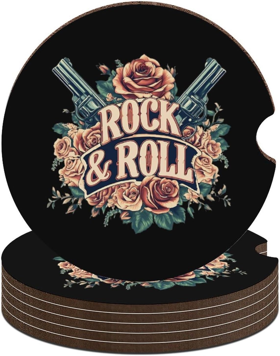 Rock Roll Music Rose Flowers Car Cup Holder Coaster with Cork Base 2.6 Inches Anti Slip