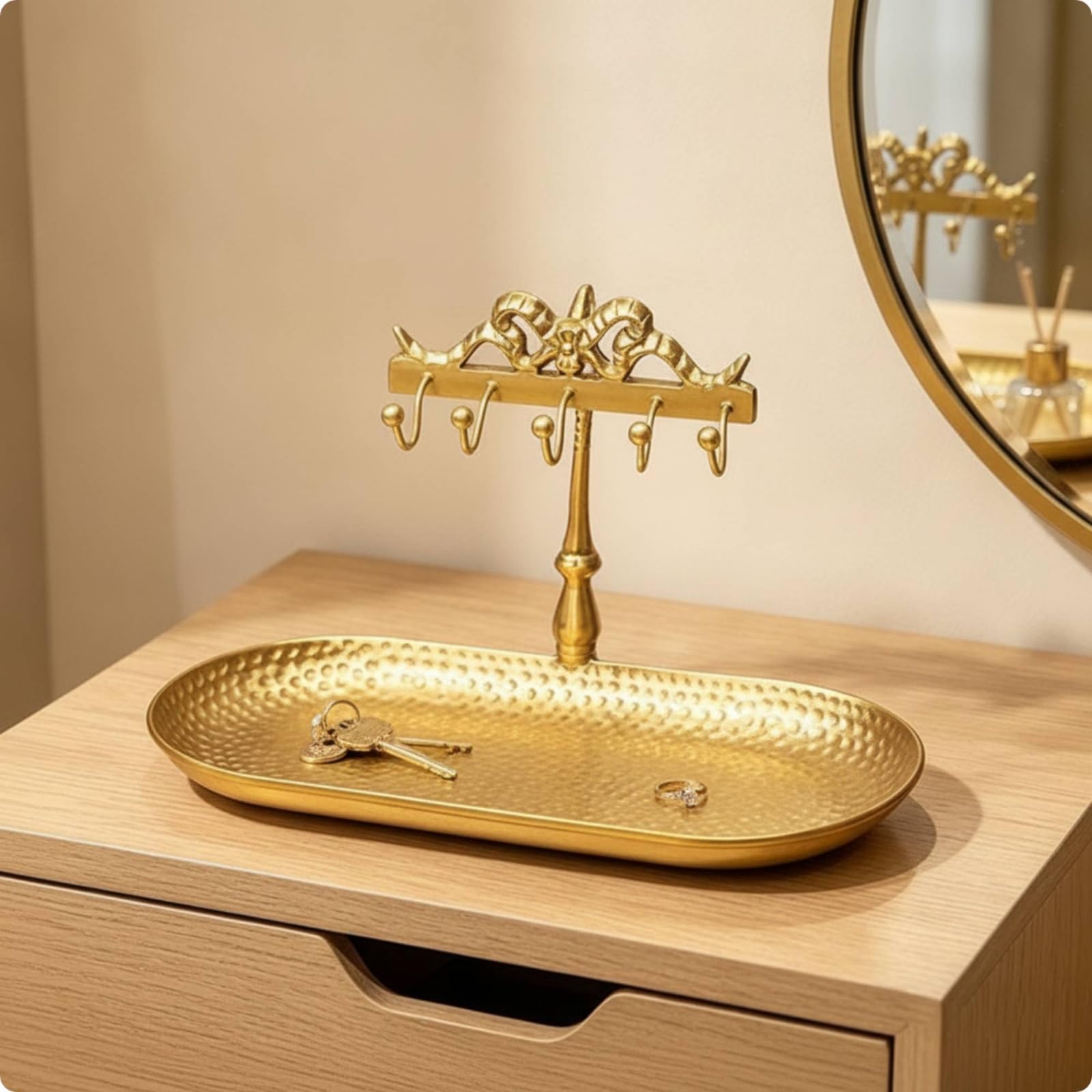 Bandeja Expositor de Joyería Soporte Organizador Platos Joya en Tono Latón y Barra Calada Adecuada para Tocador Entrada Baño Decoración del Hogar