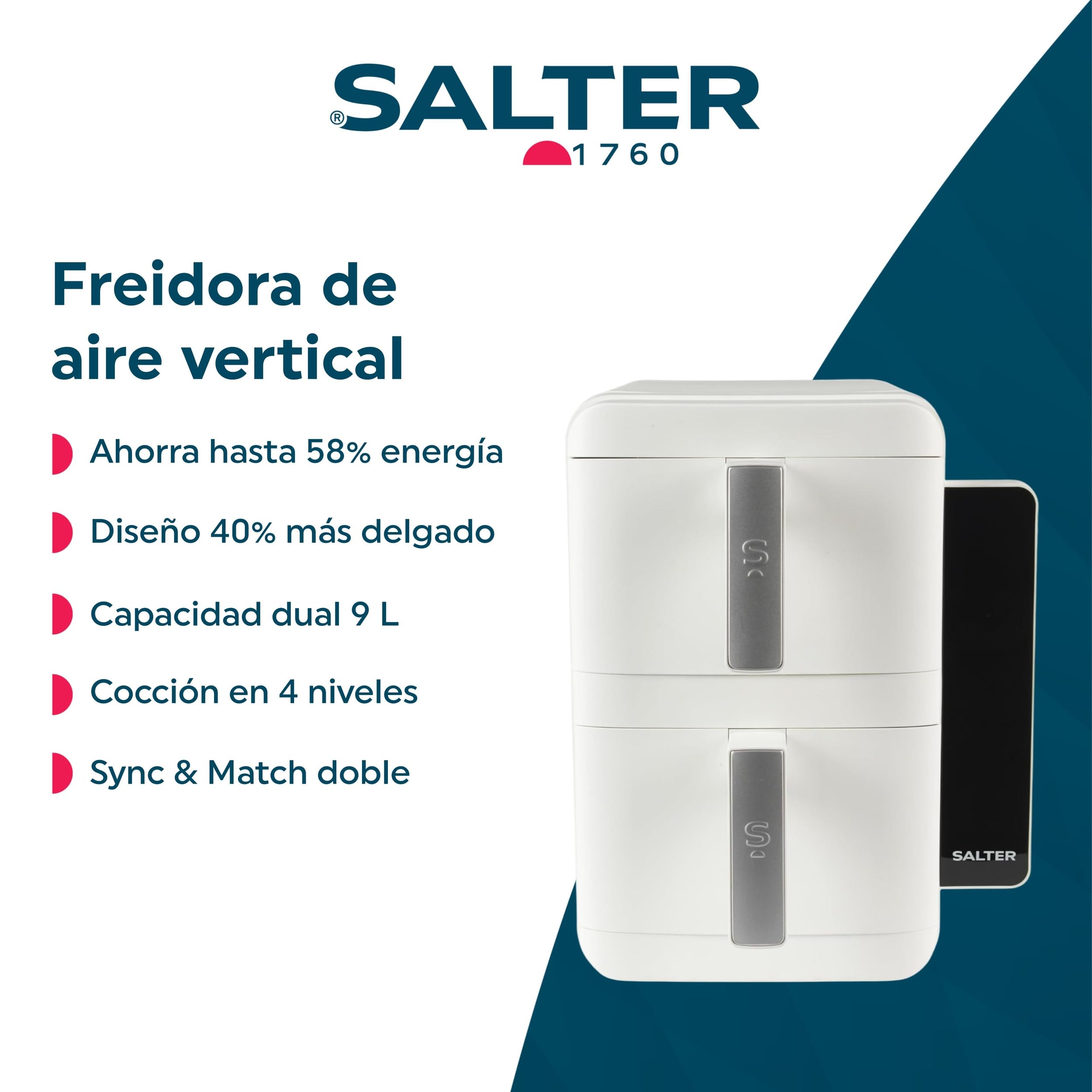 Salter VertiCook Ultra Stackable Air Fryer - Cocina vertical, 9L, 2 x 4.5L cestas y rejillas, 9 funciones, Sincronizar y combinar, Bandeja de parrilla libre de PFAS, Ahorro de espacio, 60-230°C, 2400W