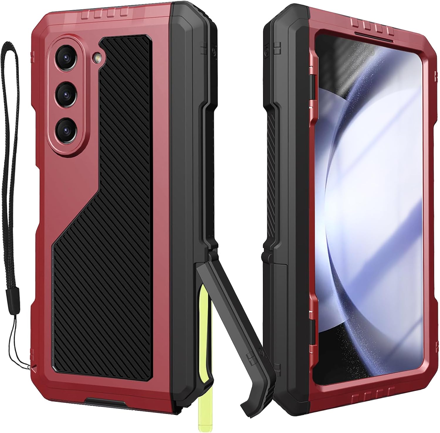for Samsung Galaxy Z Fold 5 Metal Case with Fold5 S Pen Holder, Rugged Heavy Duty Z Fold 5 Case Screen Protector Kickstand Full-Body Protection Z Fold 5 5g Phone Case Red