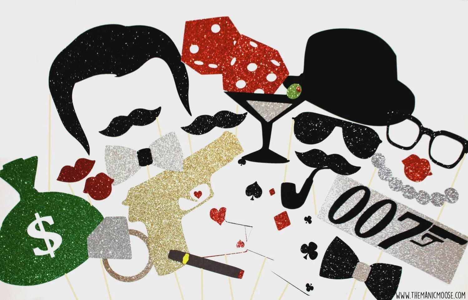 007 Photo Booth Props, 26 Prop Pieces, Black Red Gold