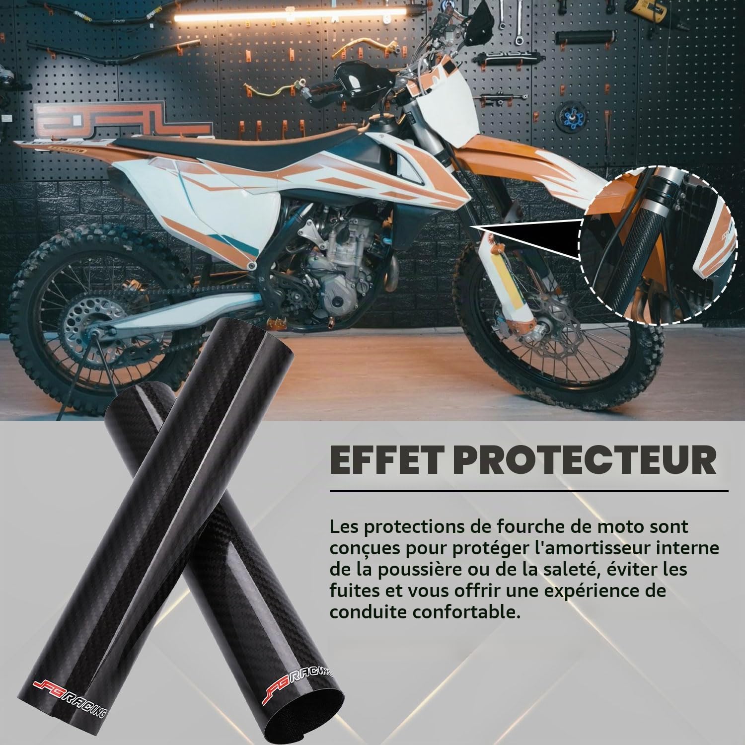 JFG RACING 225 mm Protection Fourche Moto,Protection de Fourche Avant de Moto en Fibre de Carbone,Amortisseur Guêtres Réglables Universel pour Dirt Bike on/Off Road
