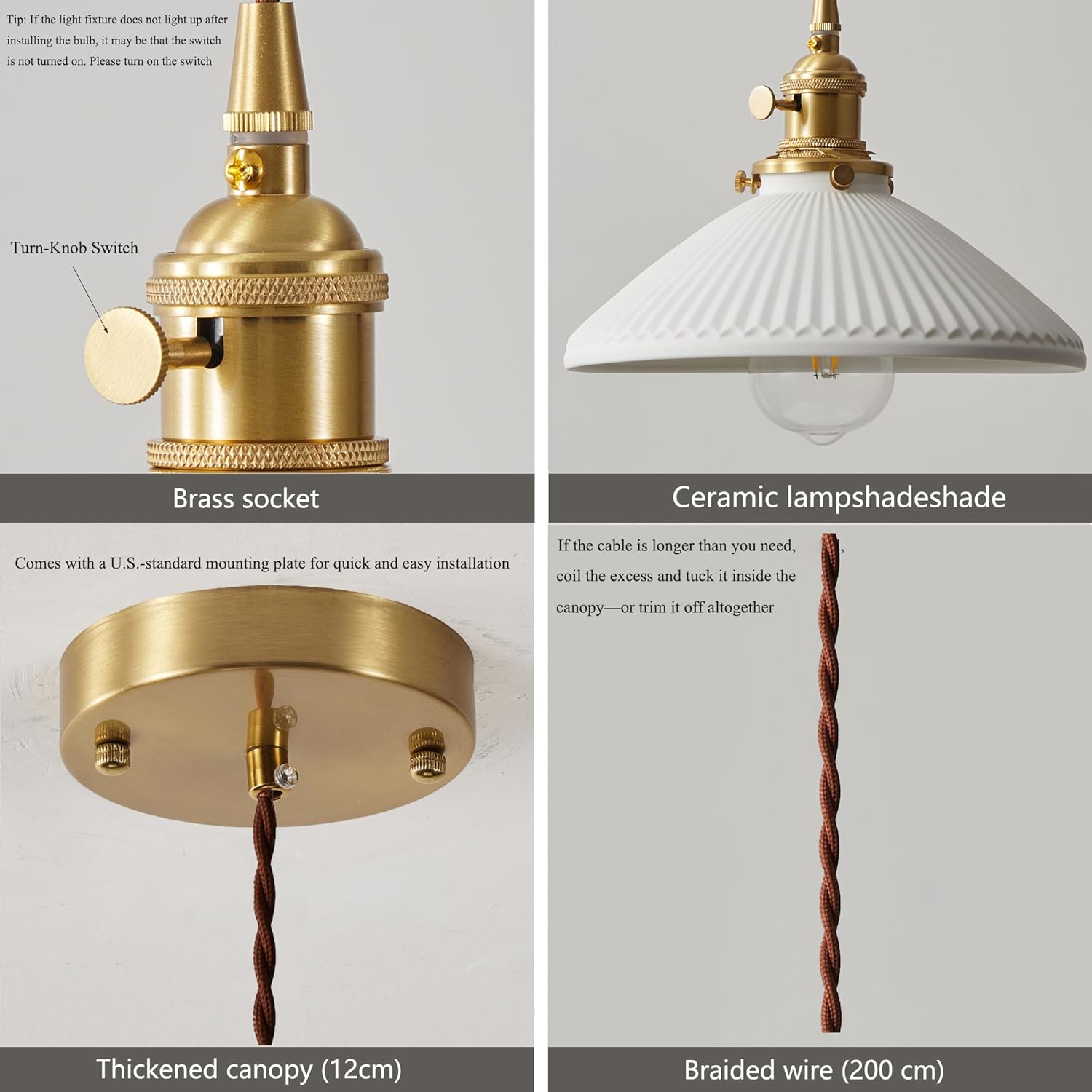 Vintage Industrial Ceramic Pendant Lights Fixtures - 6.56 FT Adjustable Hanging Wire, Brass Socket, E26/E27 Bulb Compatible, Modern Hanging Lamp Ideal for Kitchen, Dining, Bedroom (Hardwire)