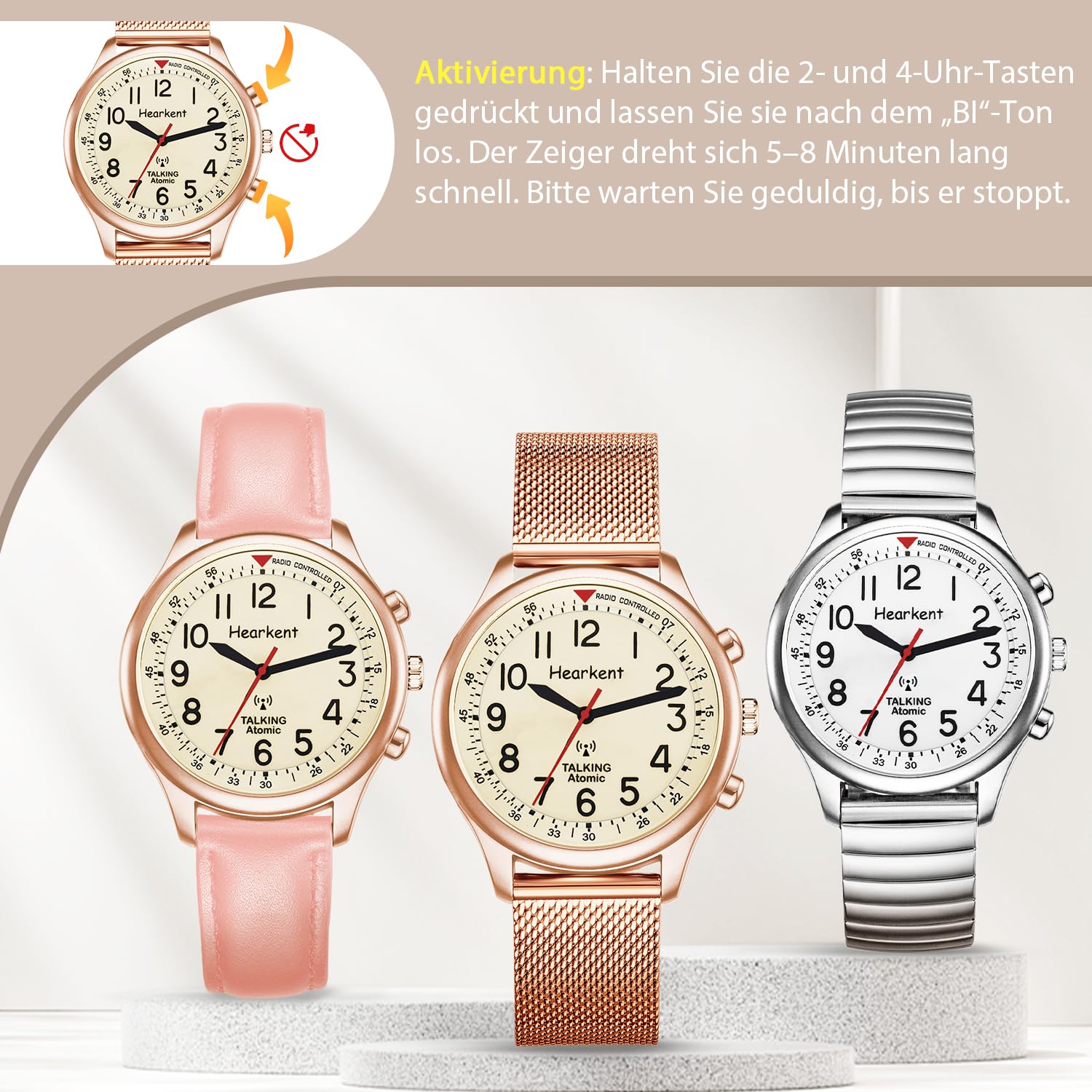 Hearkent Damen Sprechende Uhr, Laute und Klare Deutsche Sprachfunktion | Funk-Sprechuhr Analoge Armbanduhr für Senioren, Blinde und Menschen mit sehbehinderte