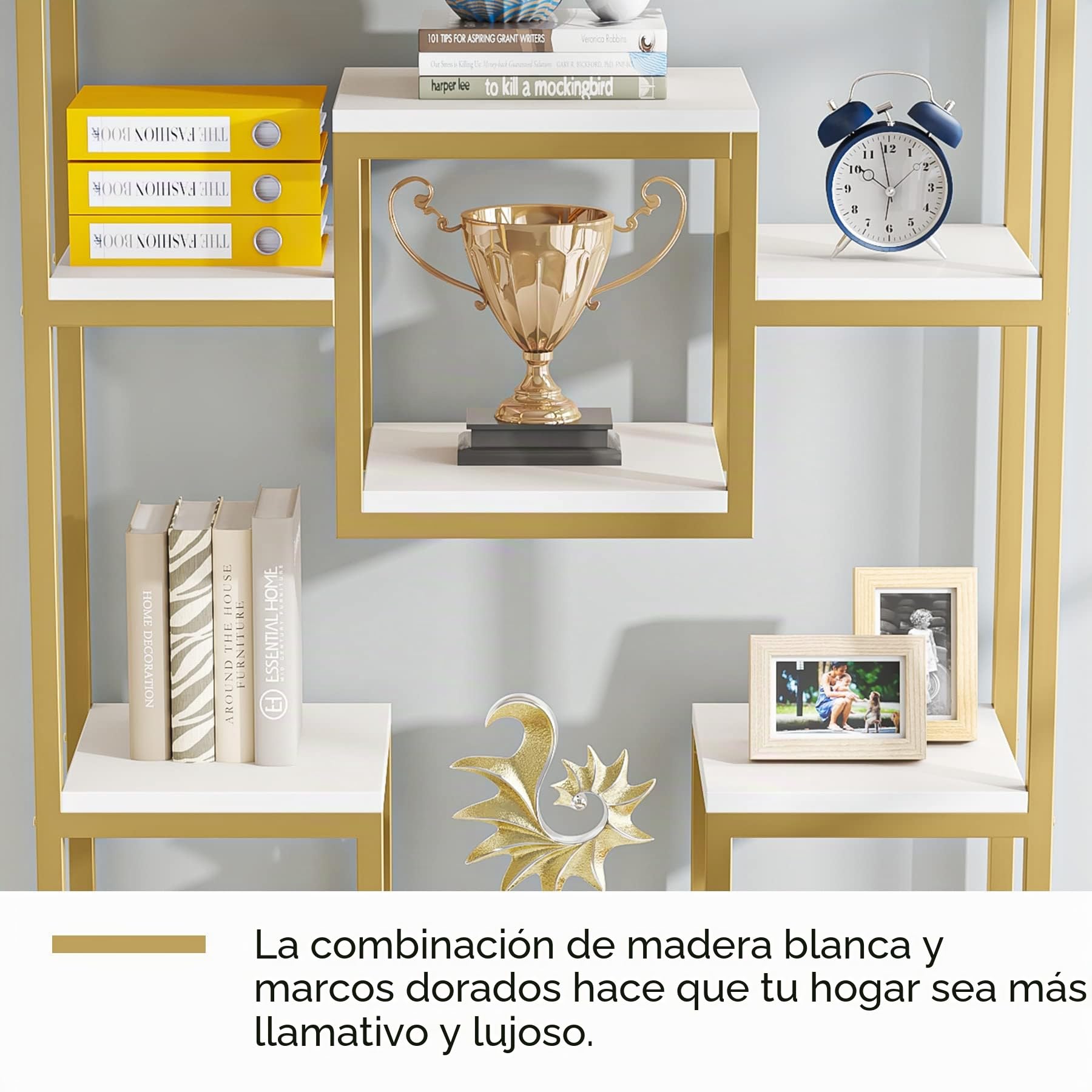 Tribesigns Estantería de 180 cm de alto, moderna de pie con 8 estantes abiertos, visualización alta para salón, dormitorio, oficina en casa, oro y blanco (2 unidades)