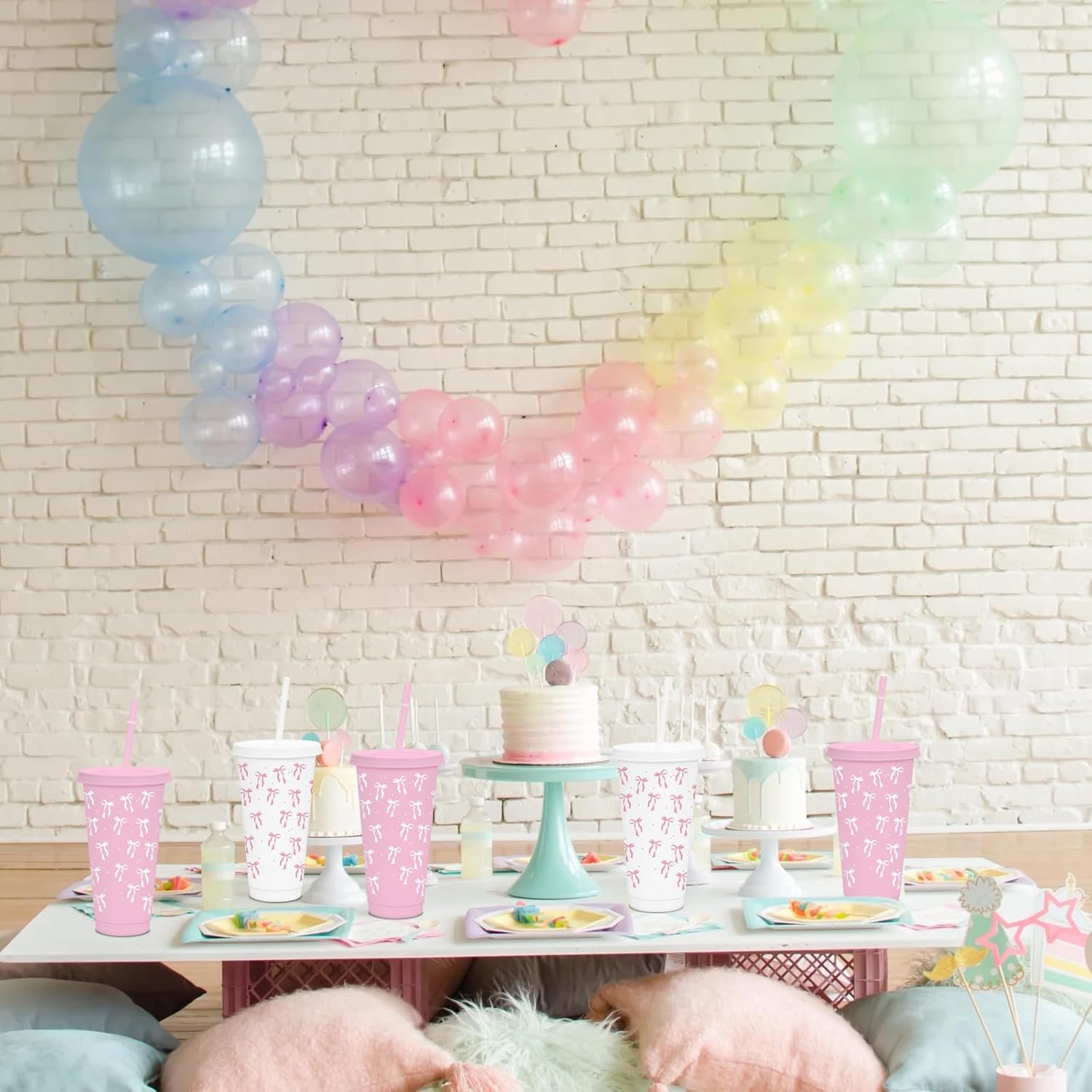12 Pcs Pink Plastic Cups, 24 oz Pink Bow Cups with Straws and Lids for Wedding Baby Shower Birthday Party Decorations Favors Home Office Party Supplies