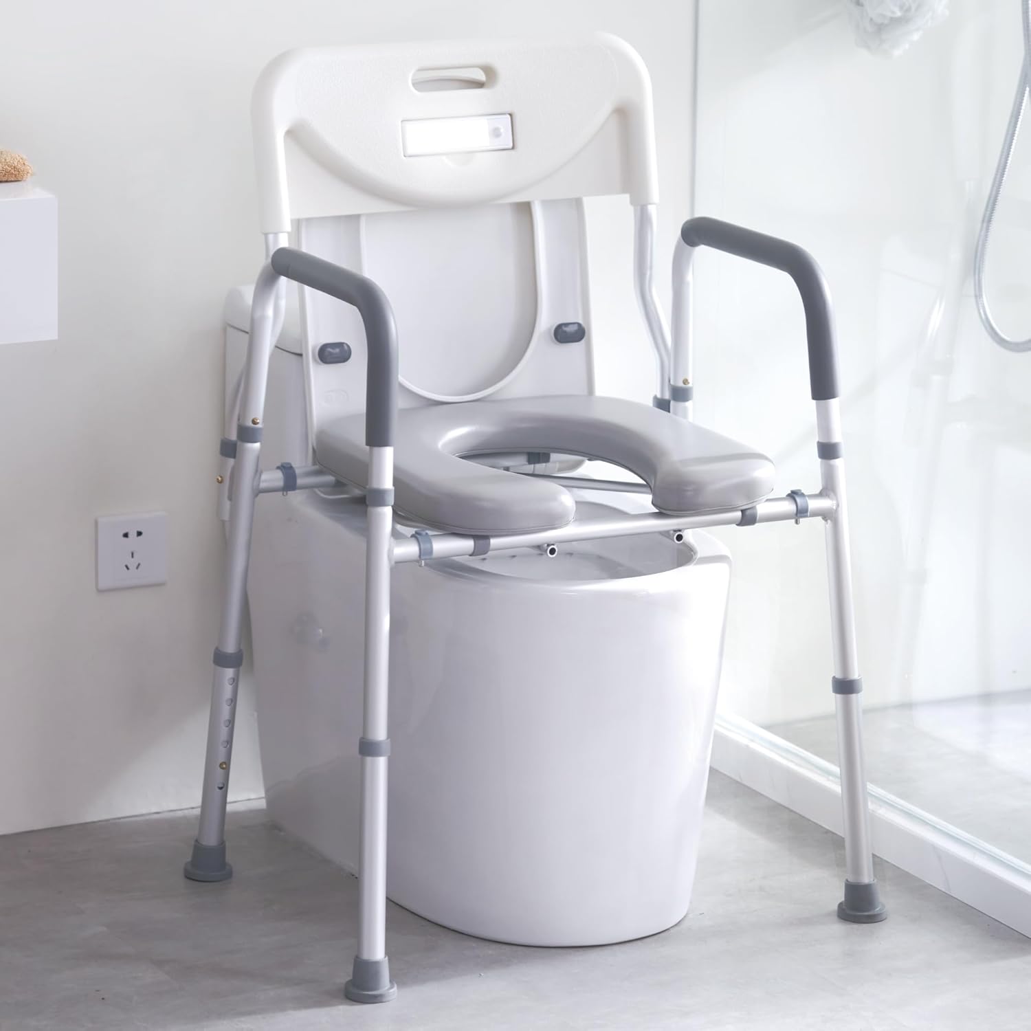 Eillion Raised Toilet Seat with Handles for Senior,Toilet Safety Chair with Motion Senor Light for Handicap Supports Up to 400lbs Padded Seat Adjustable Height Foldable (400Lbs) 400 Pound