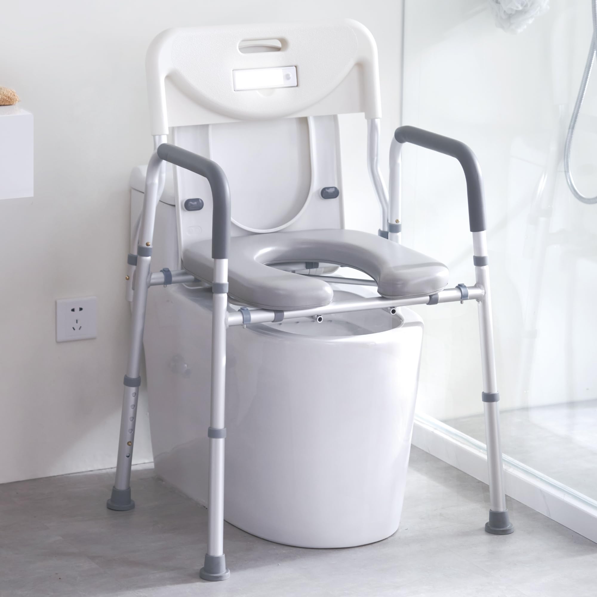 Eillion Raised Toilet Seat with Handles for Senior,Toilet Safety Chair with Motion Senor Light for Handicap Supports Up to 400lbs Padded Seat Adjustable Height Foldable (400Lbs)