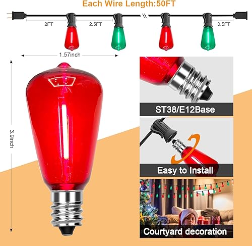 Miniatura 2 de Tira de luces multicolor para exteriores de 50 pies, luces LED regulables de Navidad rojasverdes, impermeables con 25 bombillas LED ST38