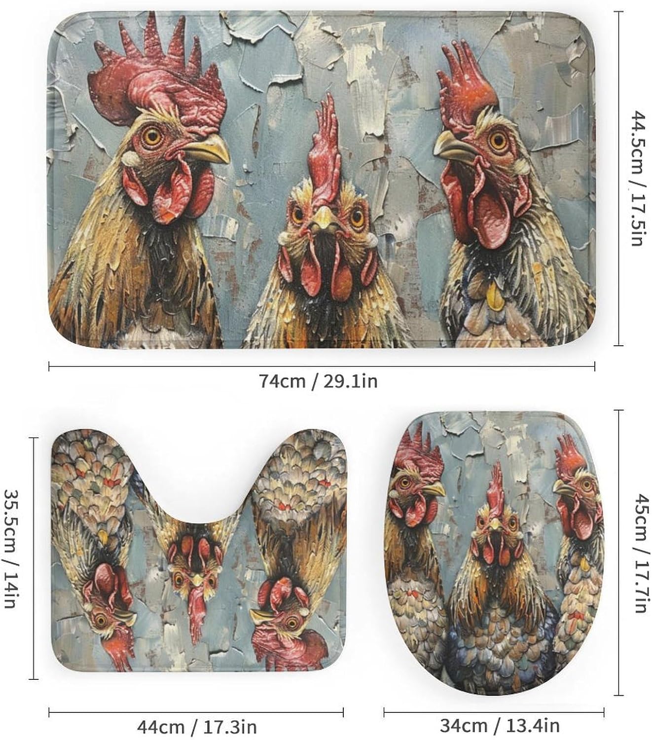 4PCS Farmhouse Chickens Bathroom Set with Rugs and Toilet Lid Cover Rustic Animals Vintage Waterproof Shower Curtain Set for Bathroom Decor