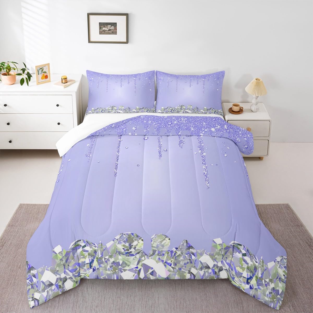 Purple Glitter Comforter for Girls Kids,Silver Geometric Diamond Comforter Set Queen Size Home Decor,Soft Bling Party Bedding Set,Abstract Teens Bedroom Down Duvet,1 Comforter with 2 Pillowcases