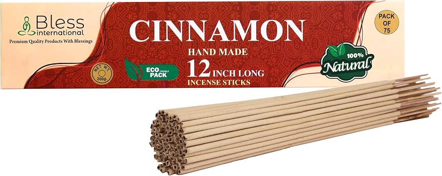 Bless-International-Cinnamon 100%-Natural-Handmade-Incense-Sticks Organic-Chemicals-Free-for-Relaxation-Positivity-Yoga-Meditation 12-Inches-1-Hour-Plus-Burning-Time-75-Sticks-7-OZ