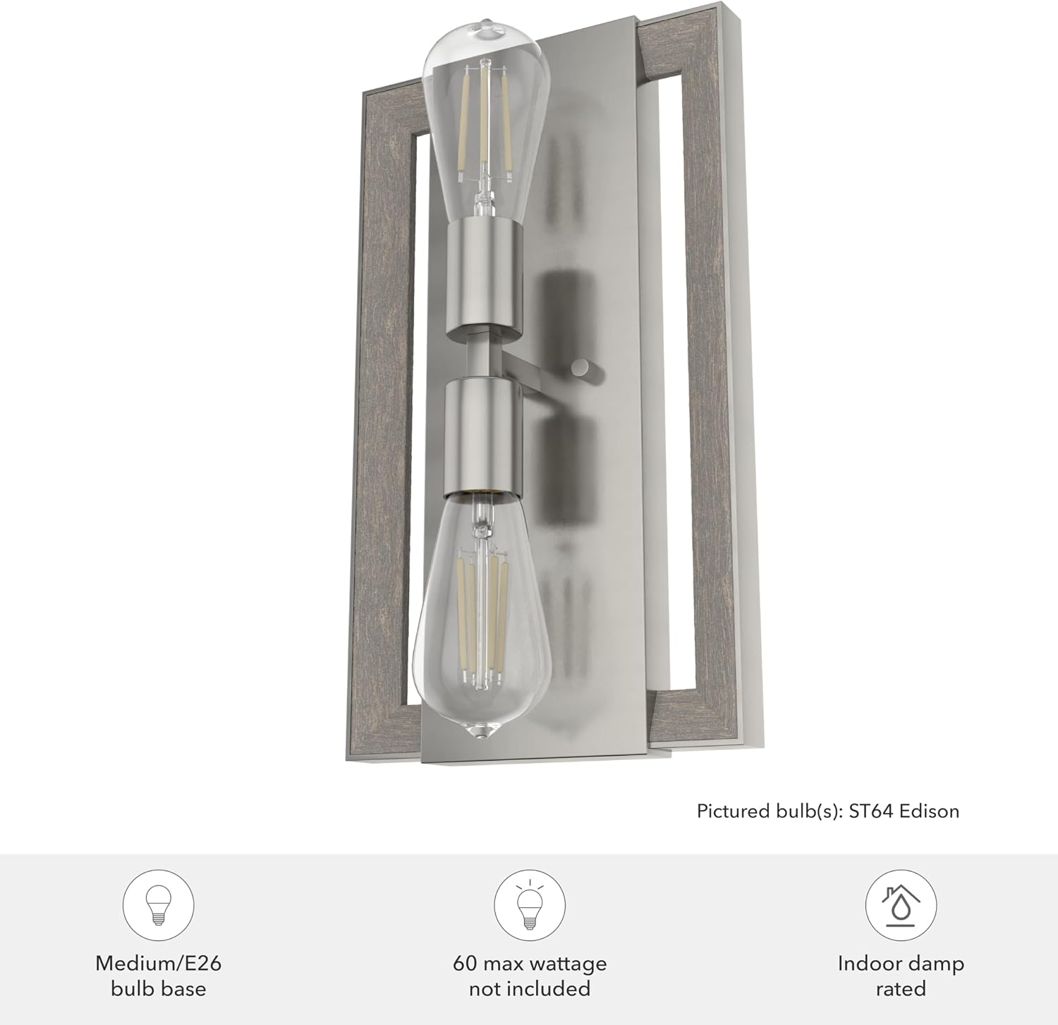 Hunter - Woodburn 2-light Brushed Nickel, Medium Size Sconce Light, Dimmable, Modern Style, Rectangle Shaped, for Bedrooms, Kitchens, Foyers, Bathrooms - 19815