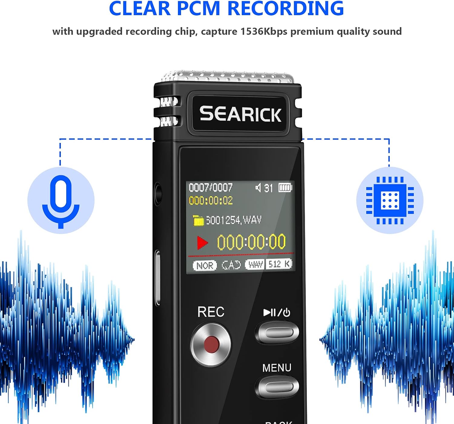 Voice Recorder, Searick 48GB 3343 Hours Portable Voice Activated Recorder with MP3 Player, USB Charge, Variable Speed and Password, Upgraded Mini Digital Tape Recorder for Lectures, Meetings : Electronics