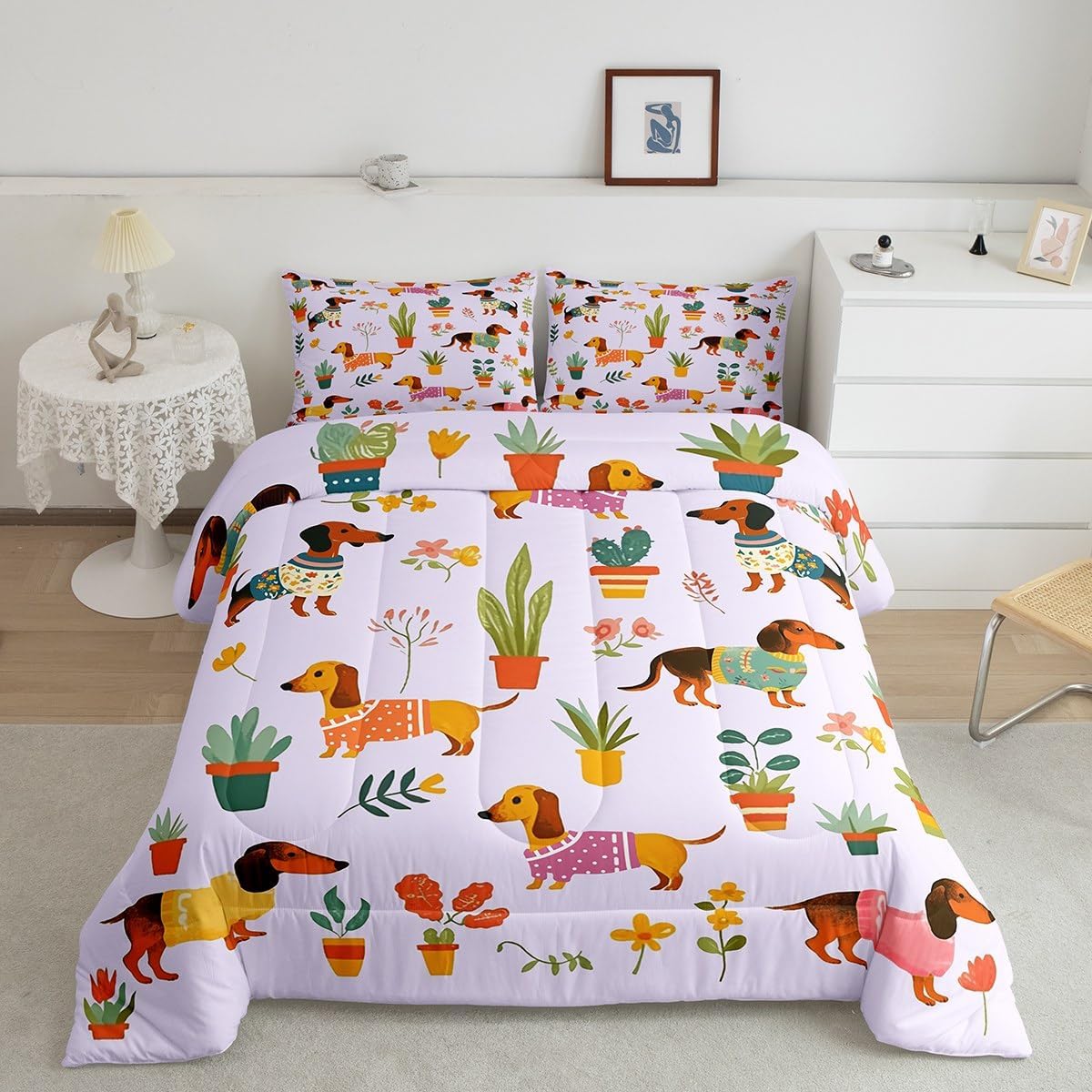 Erosebridal Purple Dachshund Bedding King,Cute Puppy Pet Comforter Set for Kids Boys Girls,Kawaii Sausage Dog Quilt,Watercolor Floral Down Comforter Gifts for Dog Lovers,Soft Lightweight