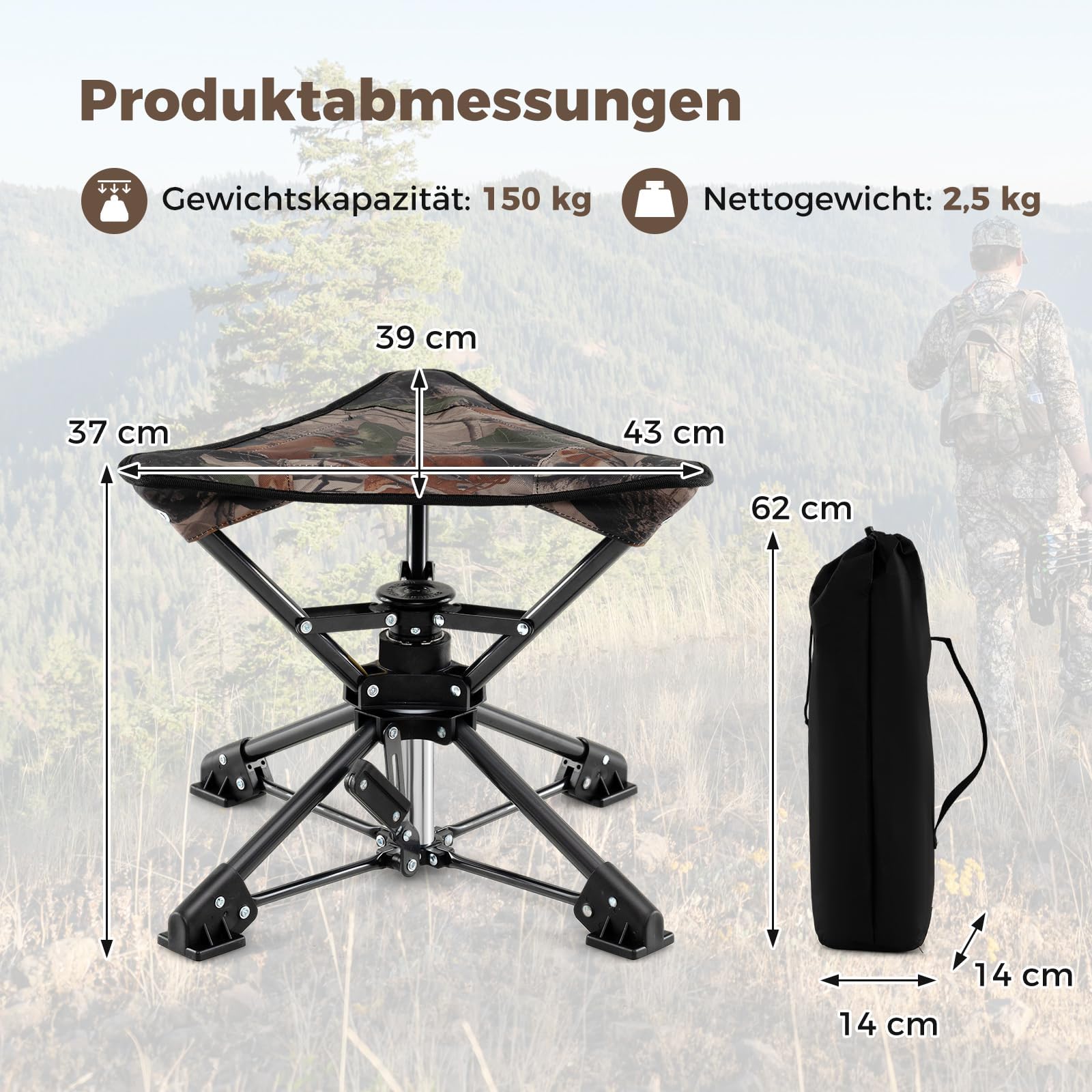 Sgabello Pieghevole A Gamba Singola Regolabile - Portatile Per Campeggio, Trekking, Pesca, Altezza Regolabile, Peso 340g, Portata 125 Kg