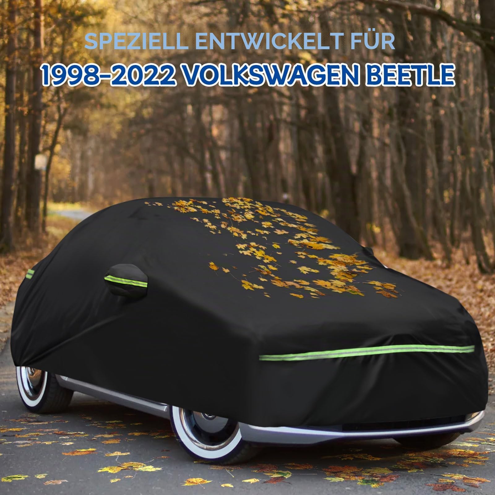 Autoabdeckung für VW Käfer 1998-2023, 210D wasserdichte Vollgarage für VW Beetle Allwetter-Autoabdeckung mit Reißverschlusstür und winddichtem Gurt