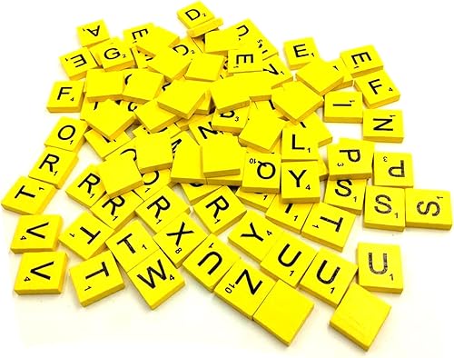Plastific Azulejos de letras de madera, juego completo en letras amarillas, juego de mesa de Scrabble ideal para reemplazo de juegos, bodas,