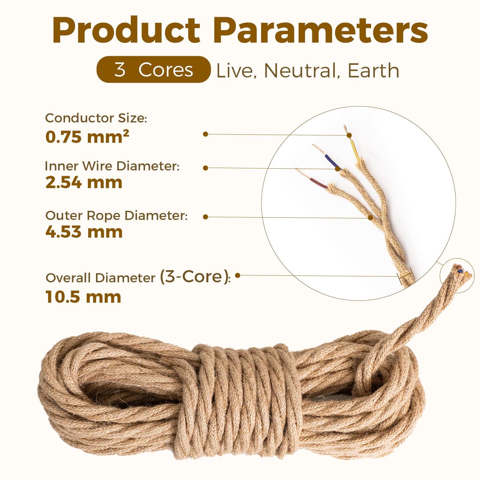 DiCUNO Kabel tekstylny 10 m do lamp, 3-żyłowy kabel zasilający z PE, 3 x 0,75 mm², kabel tekstylny, przewód przyłączeniowy do lamp wiszących, DIY, lamp wiszących, akcesoriów do lamp, kabel materiałowy