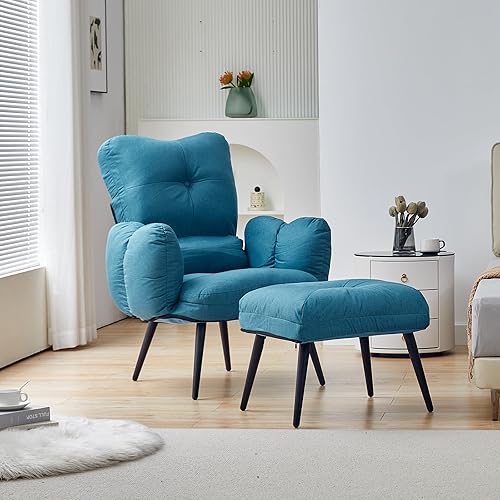 TUKAILAI Silla decorativa moderna con otomana, sofá perezoso tapizado de tela de lino con respaldo ajustable, cómodo sillón con reposapiés para