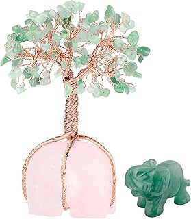 mookaitedecor Green Aventurine Crystal Money Tree Crystals Base & Elephant Statue Figurine for Feng Shui, Wealth and Luck