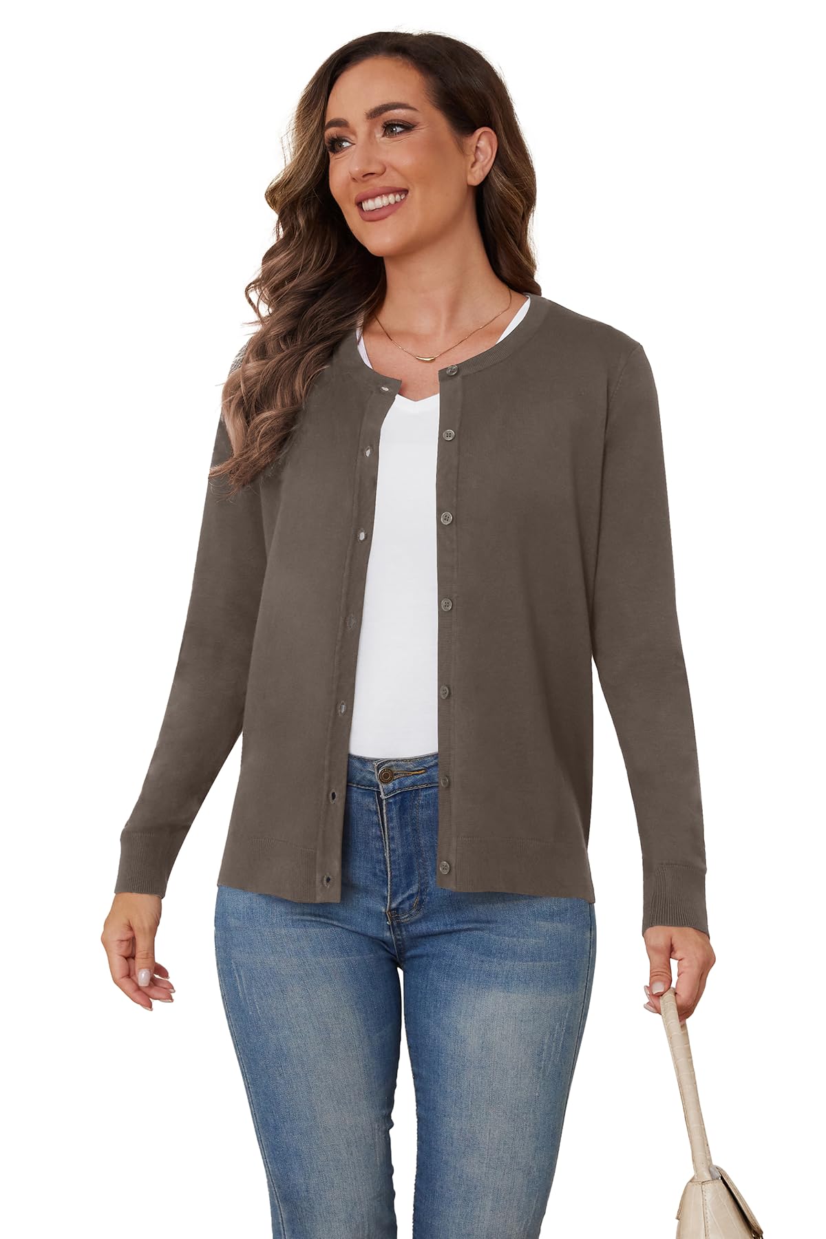 BEIGAI Chaqueta de punto ligera para mujer, monocolor, de punto, manga larga, con botones, suave, acogedora, elegante, cuello redondo, informal, chaqueta de entretiempo