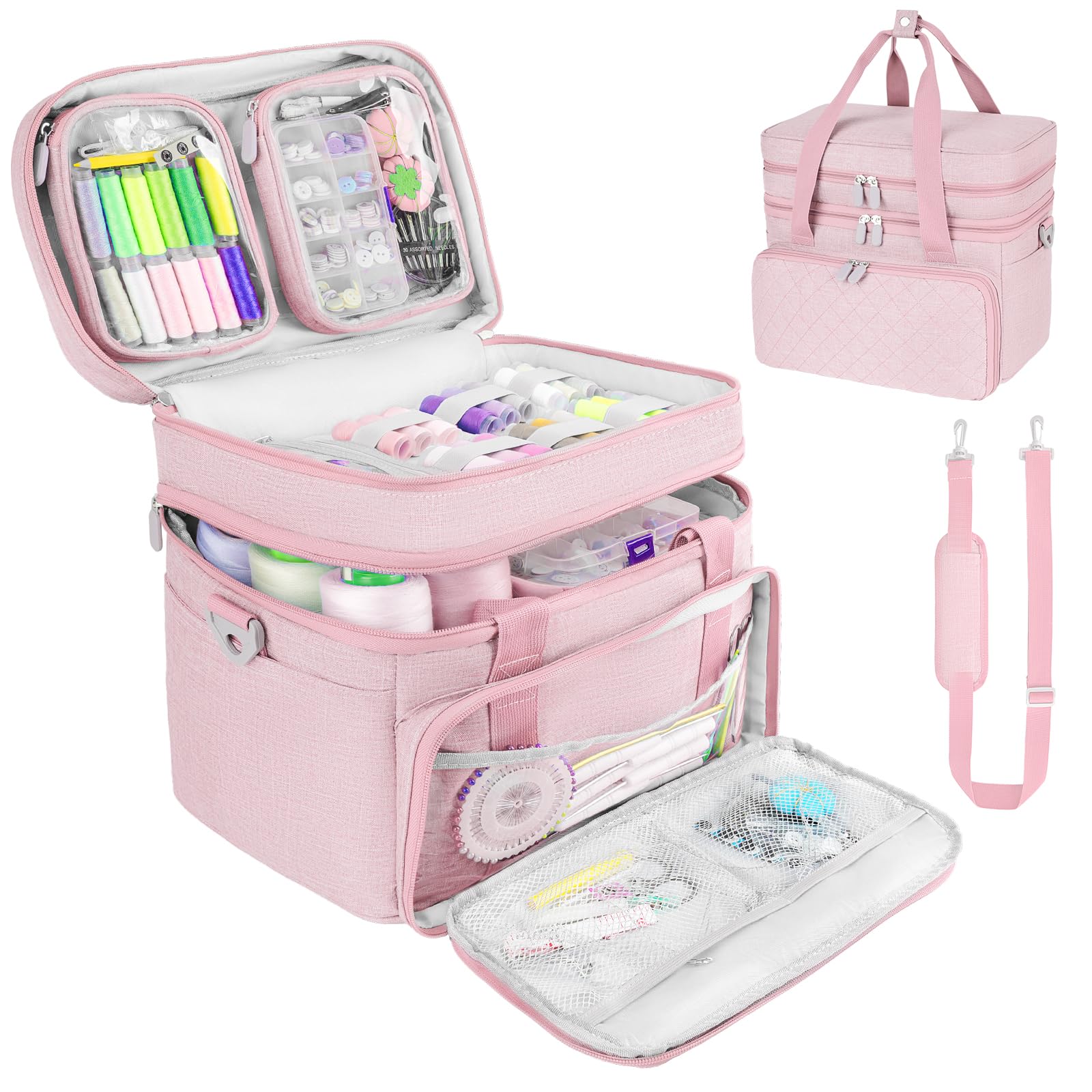 Jaffzora Sewing Accessories Organizer Case with Shoulder Strap,Double Layer Sewing Storage Bag with 2 Detachable Pouches for Sewing Accessories and Supplies,Pink