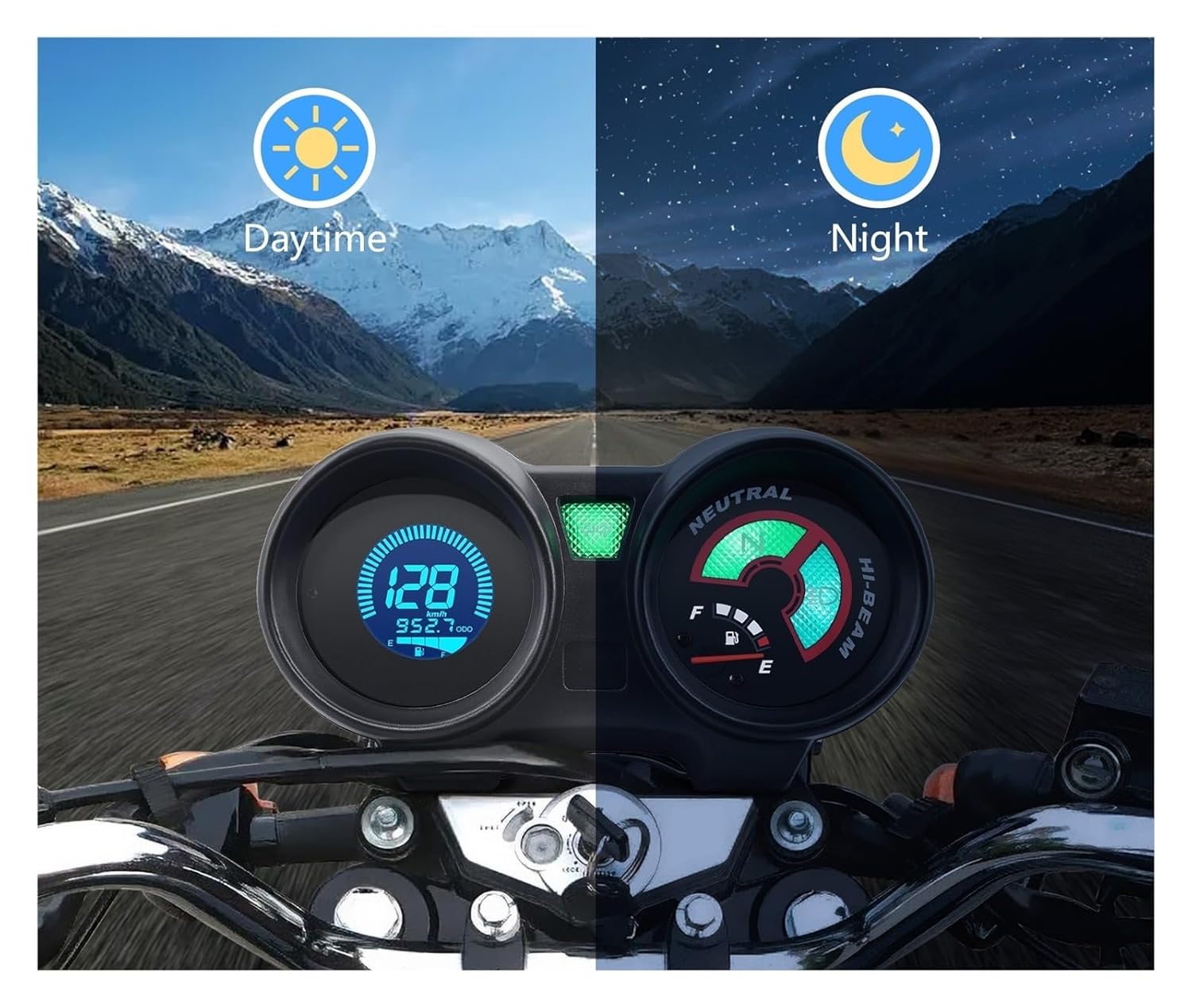 新しいオートバイ用走行距離計 オートバイスピードメーター 燃料計 電圧計 走行距離計 10000RPM 7色バックライト デジタル走行距離