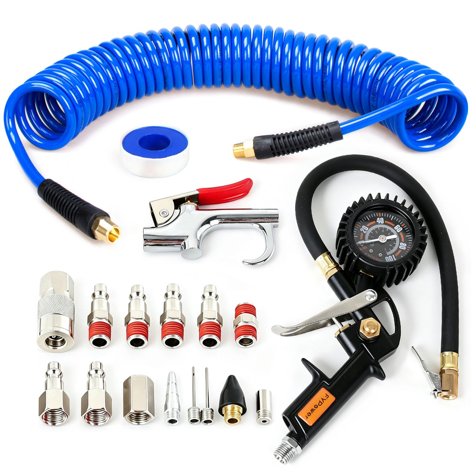 18 Pieces Air Compressor Accessories Kit with Recoil Poly Air Hose
