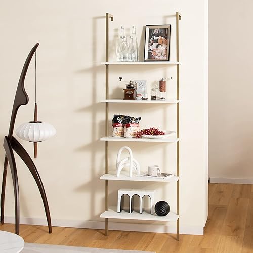 Miniatura 2 de GOFLAME Estante de escalera de 5 niveles, estantería montada en la pared con marco de acero, elegante estantería, estantes de almacenamiento