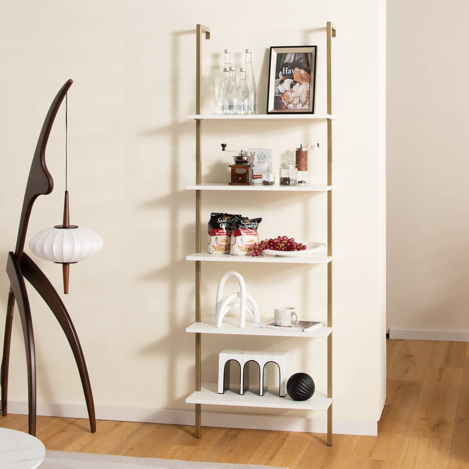 COSTWAY Estante De Escalera 5 Niveles | Blanco Y Dorado | Montaje En Pared | 30 Kg Por Estante | Organizador Para Salón O Dormitorio