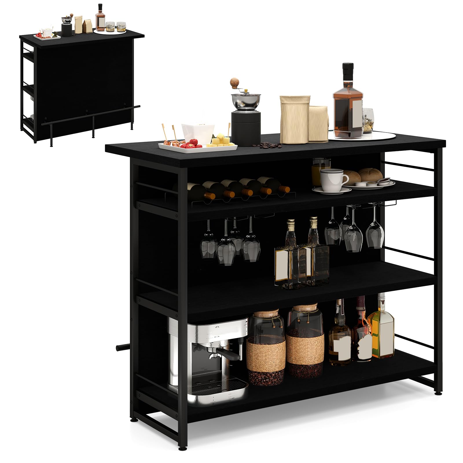 GiantexUK Industrial Kitchen Island Sideboard, Dining Bar Table Station with Wine Rack, 3 Open Shelves, Glass Holders, Footrest & Adjustable Foot Pads, Storage Shelf for Home Pub (Black)