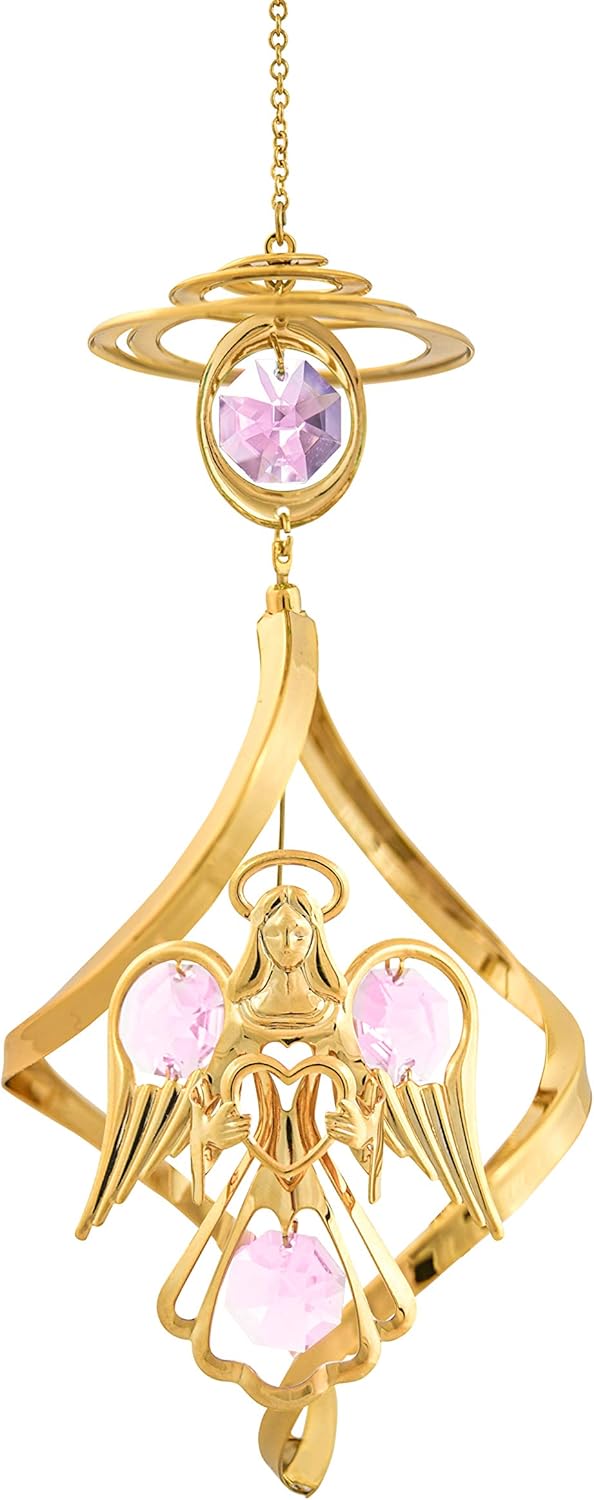 24K Gold Angel Spiral Ornament Pink Crystal for Christmas Home Decor Birthday Gift Romantic for her Wedding Anniversary