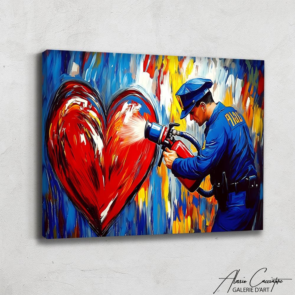 Alessio Cacciatore Quadro Polizia - Street Art Tela grande - Decorazione da parete a forma di cuore - Stampa su tela romantica - Decorazione da parete Street Art - Immagine romantica per camera da