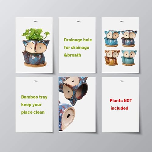 Miniatura 3 de 4 macetas de cerámica de dibujos animados con orificio de drenaje y bandeja de bambú, macetas de cerámica para suculentas para el hogar, oficina,