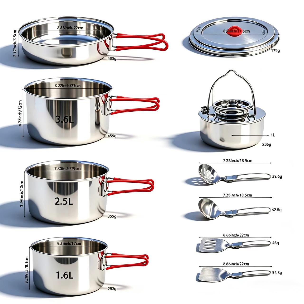 Tragbares Camping-Kochgeschirr-Set aus 18/8 Edelstahl, 11-teilig, stapelbares Design, große Kapazität, Töpfe und Pfanne mit Kessel, kompakt für Picknick und Familien-Kochen im Freien (4–8